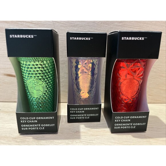 2023 Starbucks 3 Key Chain Ornament cup tumbler iridescent Red Green holiday - Picture 1 of 3